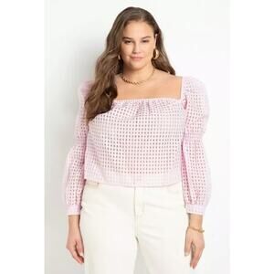 NEW Eloquii Crop Top Women's Size 18 Lilac Gingham Sheer Square Neck Puff Sleeve